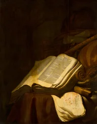 Stillleben mit Büchern und Musikinstrumenten
